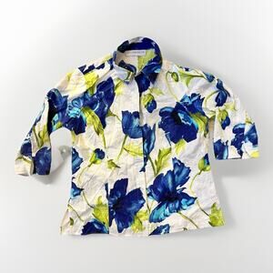 Sag Harbor Blue Green Floral Eyelet Long Sleeve Blouse Best Fit Size Small